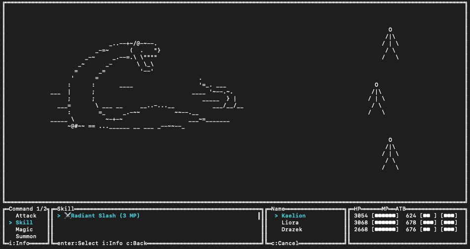 Classic turn-based battle screenshot with command, skill, and party panels.