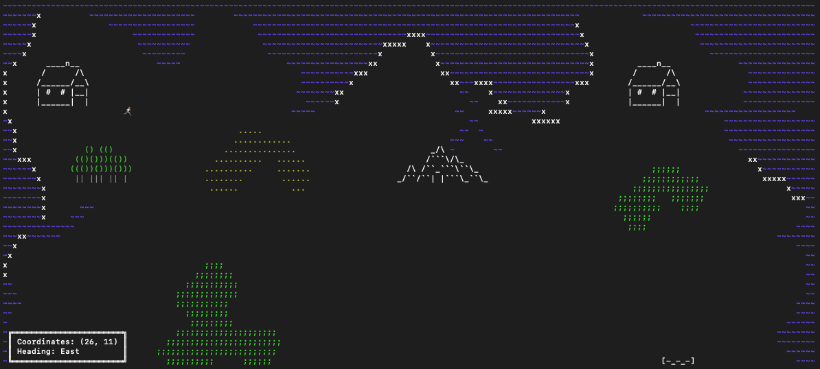 ANSI-colored overworld exploration screenshot with terrain, buildings, and the player character.