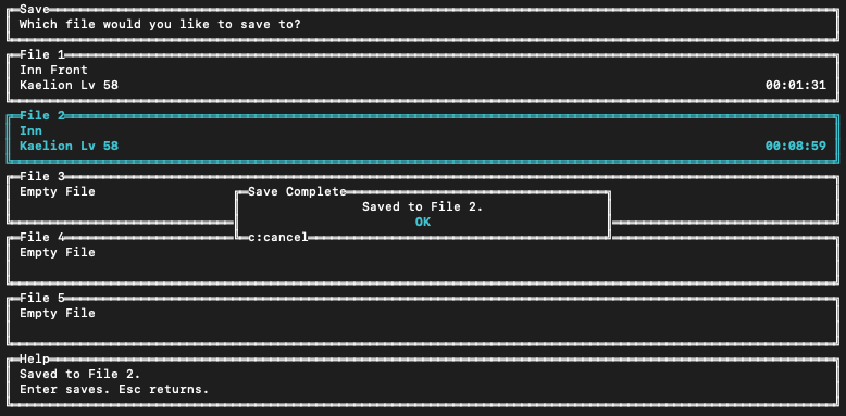 Save screen showing multiple save slots and a save complete modal dialog.